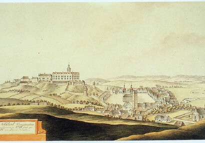 Zámek Náchod a město od západu, J. Venuto, akvarel z roku 1814 podle kresby z roku 1786